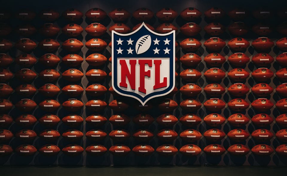 rows of american football balls in NFL Experience in Times Square